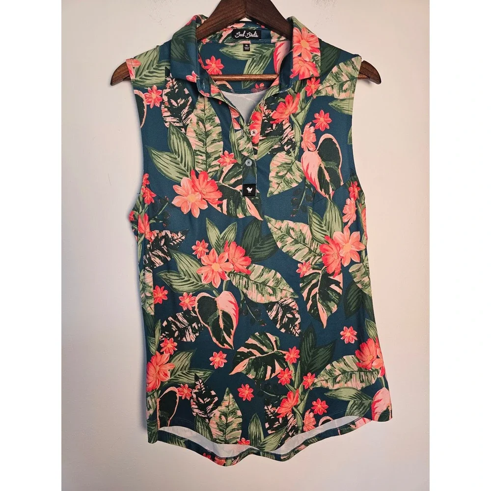 Tropical Bad Birdie Sleeveless Golf Polo Women XL Teal Floral Botanical Stretch - Picture 1 of 7